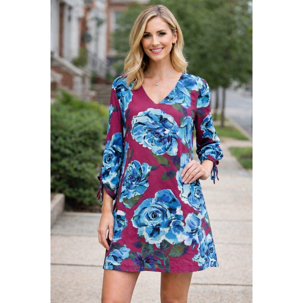 Leith Floral V-Neck Long Sleeve Dress Women Med Pink Blue Rose Shift Boho Tunic